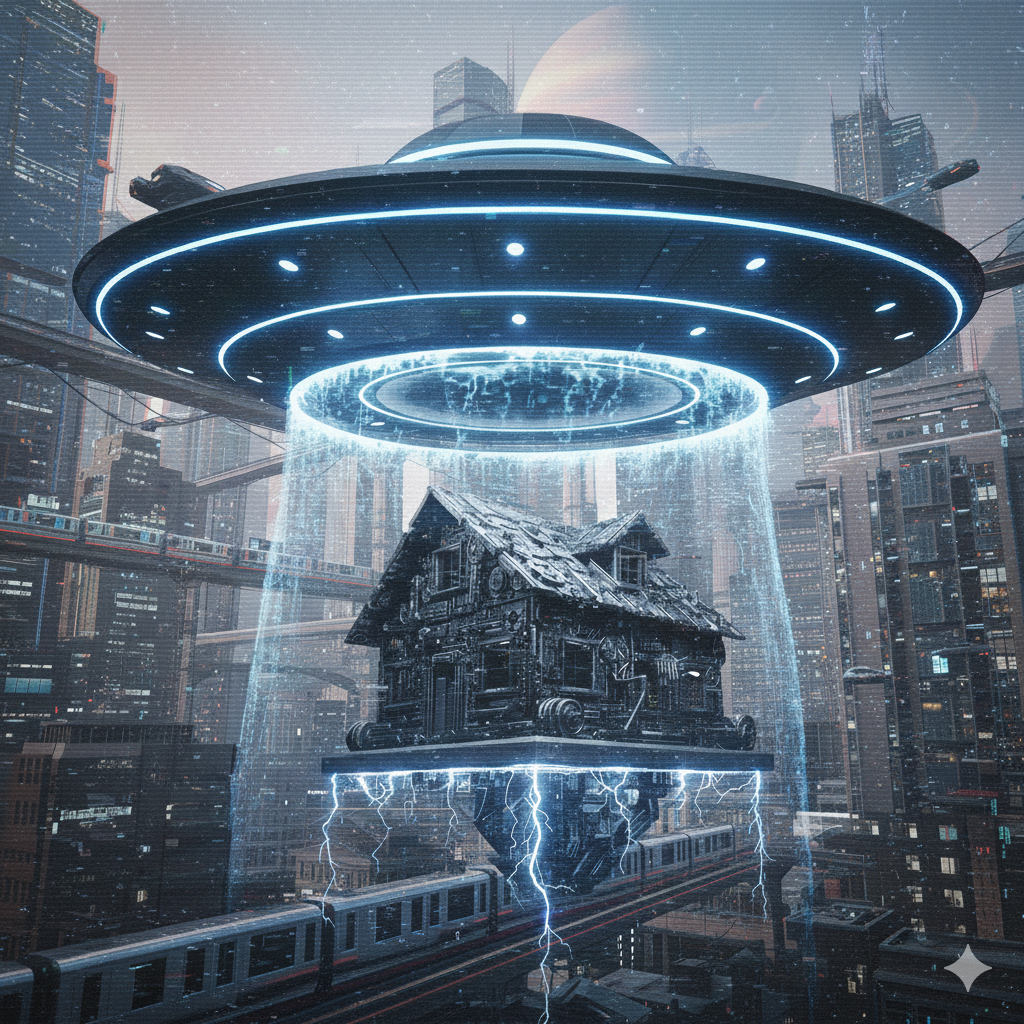 A simple cabin house outlined in neon blue with massive, glowing cyan crystals on the roof, and two ethereal glowing blue wolves in a desolate, dark, snowy landscape under a starry night. Heavily infused with a detailed digital glitch-art effect and data stream overlay.